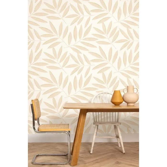 Caselio|Papier peint floral avec grandes feuilles XXL beige et doré|Scandinave