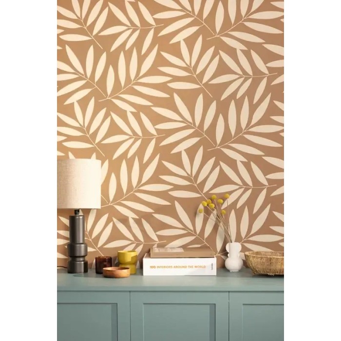 Caselio|Papel pintado floral, estampado hojas grandes marrón y oro|Papel Pintado