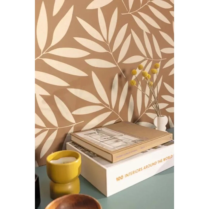 Caselio|Papel pintado floral, estampado hojas grandes marrón y oro|Papel Pintado