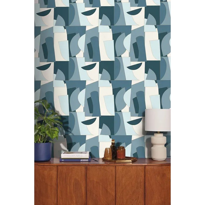 Papel pintado geométrico dibujo artístico azul petróleo - Caselio Outlines 105010644