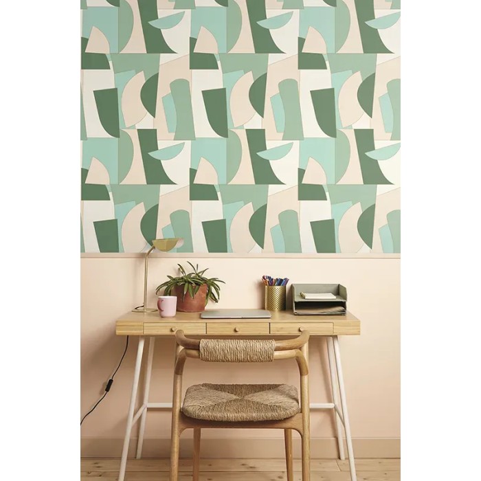 Caselio|Papel pintado geométrico dibujo artístico verde y beige|Geométrico