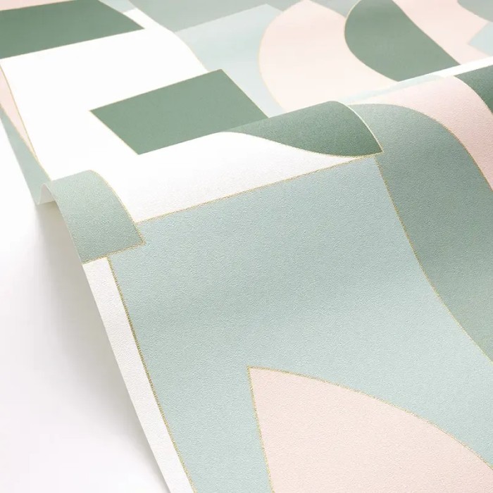 Caselio|Geometric wallpaper with artistic design in green and beige|Geometric