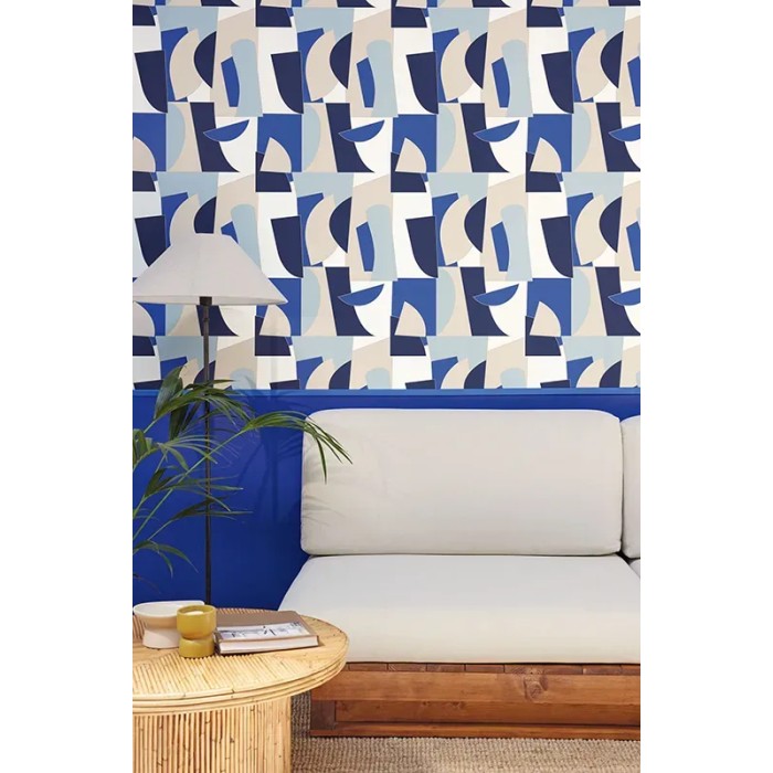 Caselio|Papel pintado geométrico dibujo artístico azul y beige|Geométrico