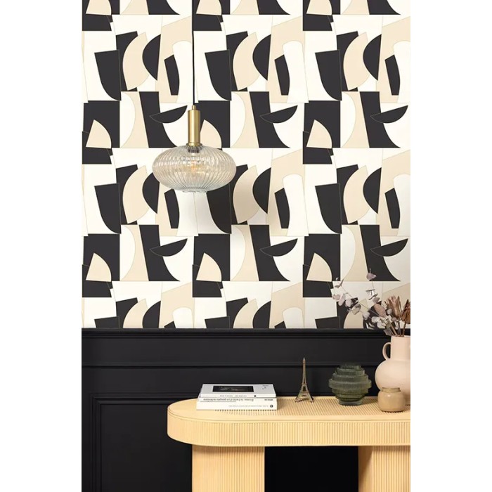 Papel pintado geométrico negro y beige, estilo artístico - Caselio Outlines 105011955