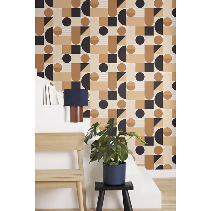 Caselio|Tapete im Bauhaus-Stil, geometrisch schwarz und braun|Kreisen