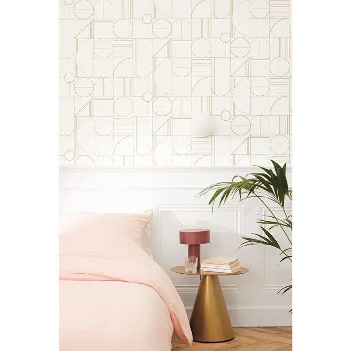 Caselio|Papel pintado minimalista blanco y dorado, patrón geométrico|Circulos