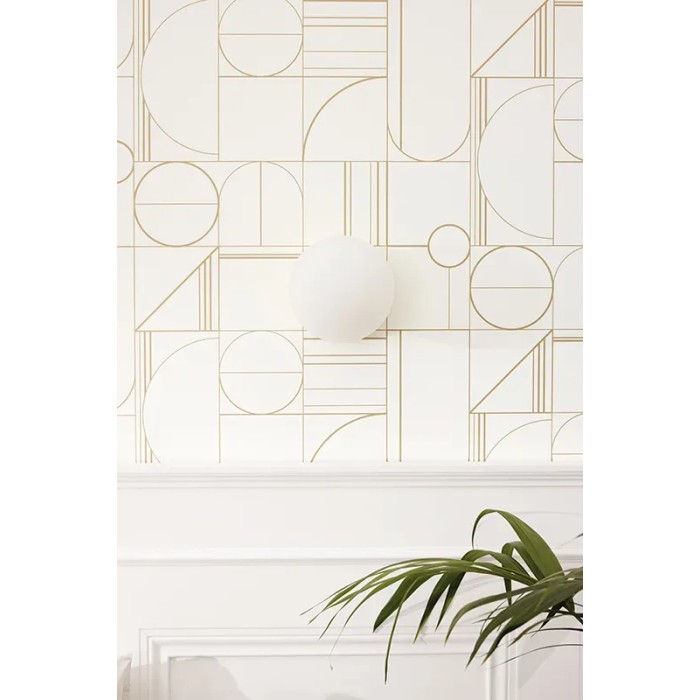 Caselio|Minimalist white and gold wallpaper, geometric pattern|Circles