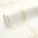 Caselio|Papel pintado minimalista blanco y dorado, patrón geométrico|Circulos