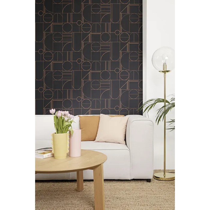 Caselio|Papel pintado moderno metalizado negro y cobre|Circulos