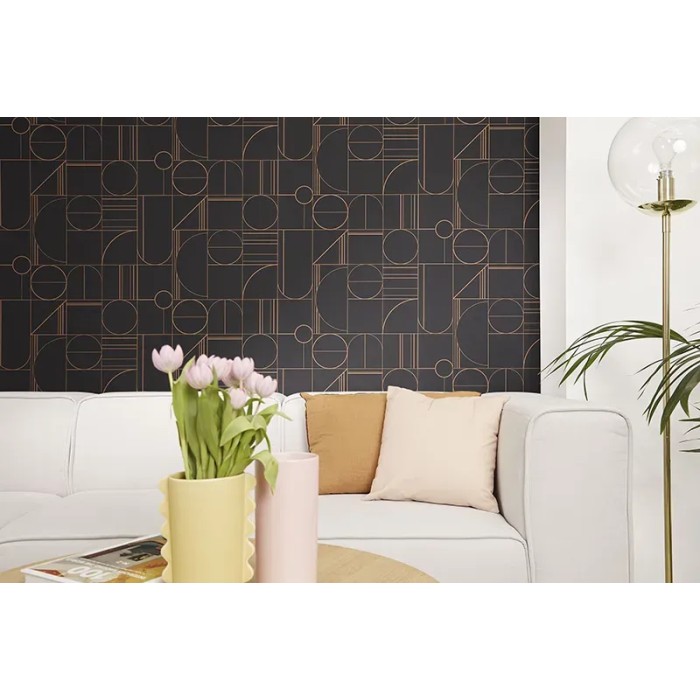 Caselio|Papel pintado moderno metalizado negro y cobre|Circulos