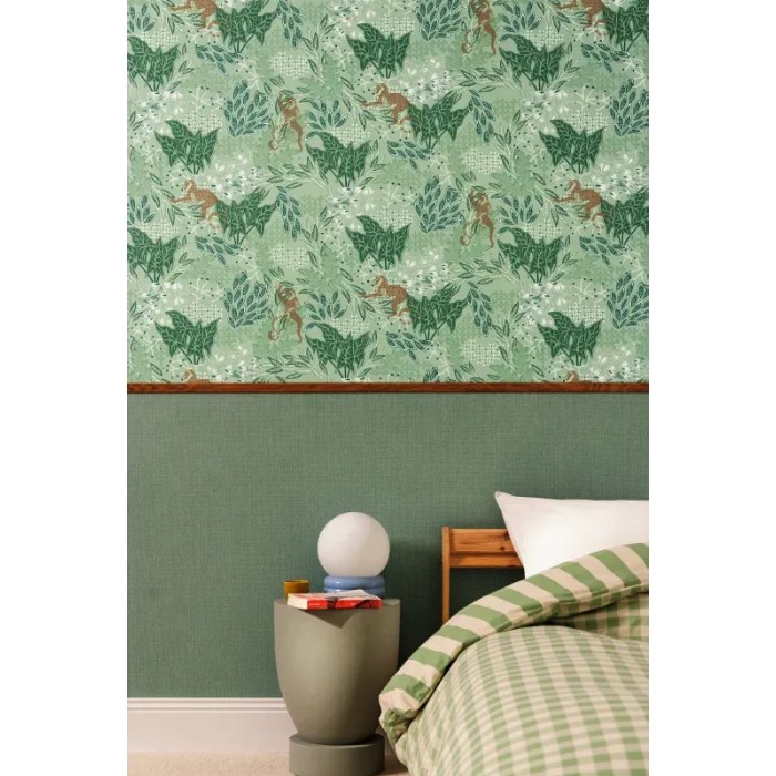 Caselio|Papel pintado tropical selva con monos, verde y dorado|Tropical