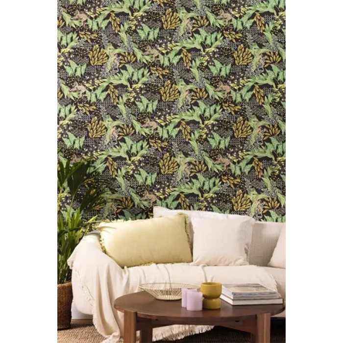 Caselio|Tropical jungle wallpaper with monkeys, black and green|Wallpaper