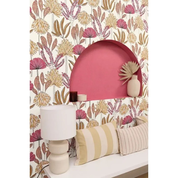 Caselio|Papel pintado moderno, palmeras tropicales rosa fucsia|Moderno