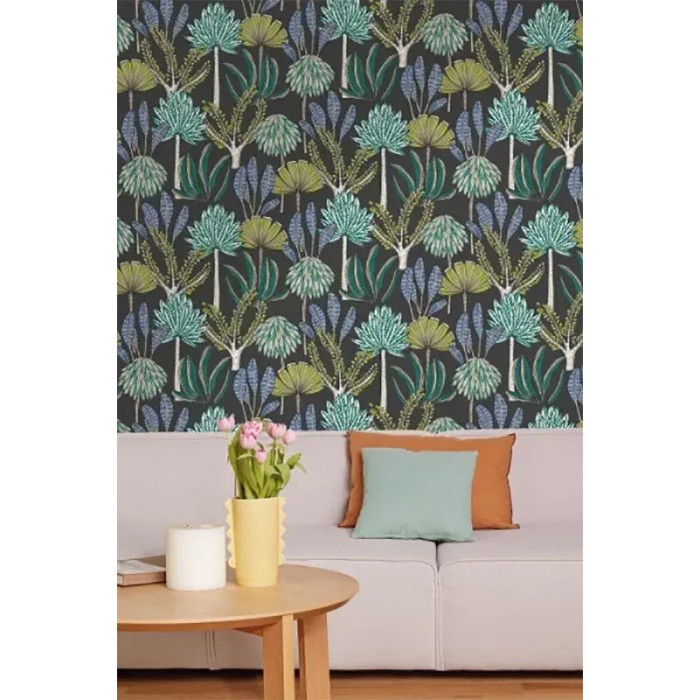 Caselio|Wallpaper with tropical palm trees and exotic plants, black and green|Wallpaper