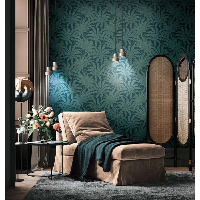 Papel pintado flores exóticas azul petróleo, verde - As Creation Jade 395016