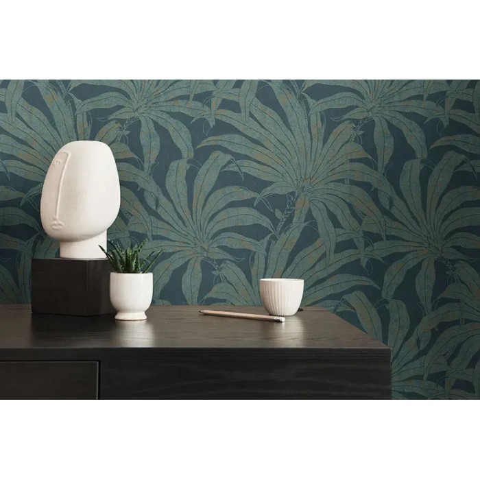 Papel pintado flores exóticas azul petróleo, verde - As Creation Jade 395016