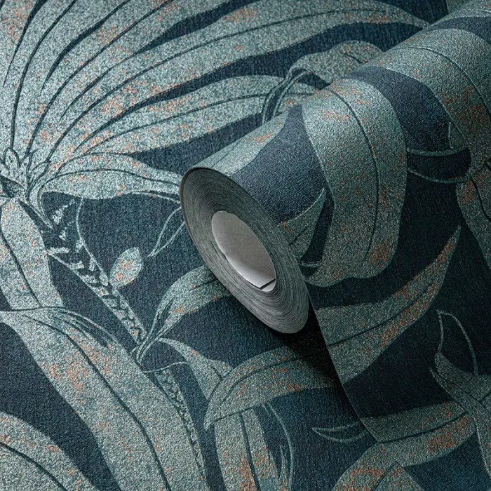 Papel pintado flores exóticas azul petróleo, verde - As Creation Jade 395016
