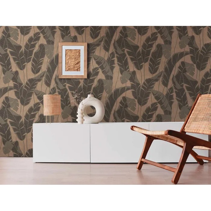Papel pintado hojas banano marrón, dorado, negro - As Creation Jade 395021