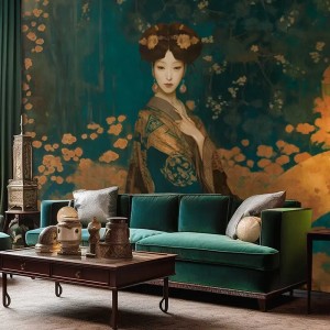 Casadeco|Papier peint floral oriental magnolias japonaises beiges|Oriental