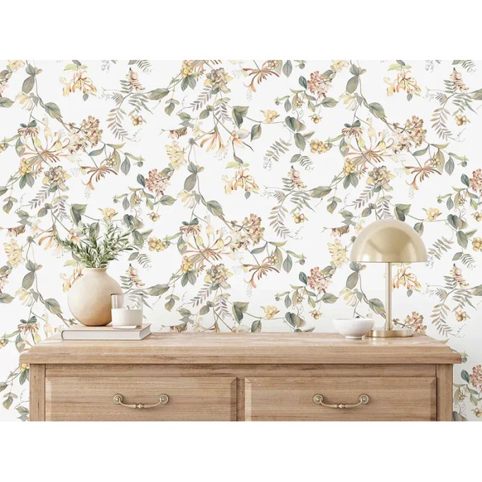 Papel pintado estampado flores blanco con bayas - Marburg Flora 47455