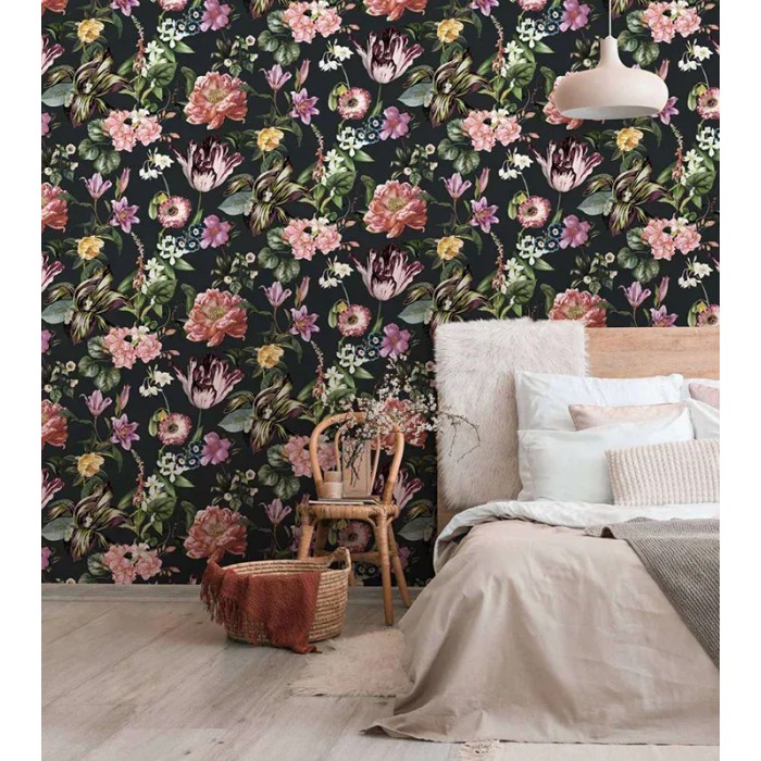 Marburg|Floral vine wallpaper in black, pink and green|Rustic