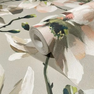Marburg|Papier peint magnolias aquarelle marron, blanc et rose|Romantique