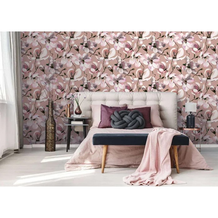 Papel pintado magnolias acuarela marrón blanco rosa - Marburg Flora 47465