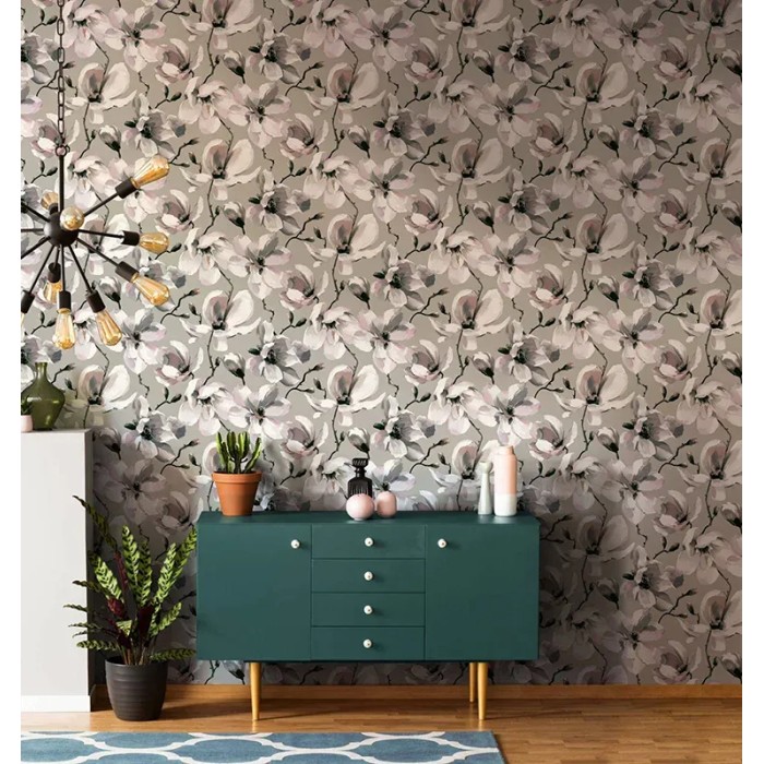 Marburg|Papier peint oriental magnolias gris, beige et blanc|Romantique