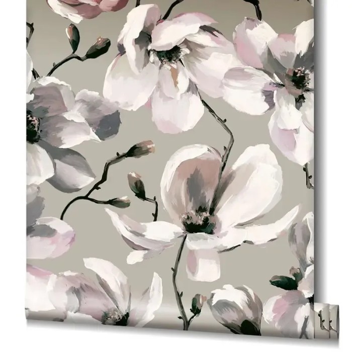 Marburg|Papier peint oriental magnolias gris, beige et blanc|Romantique