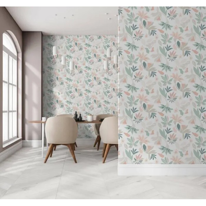 Papel pintado flores blanco, verde y naranja vectorizado - Marburg Flora 47469