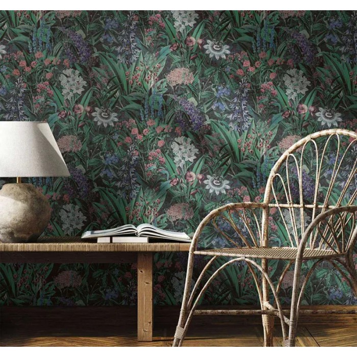 Papel pintado rústico flores silvestres verde negro - Marburg Flora 47475