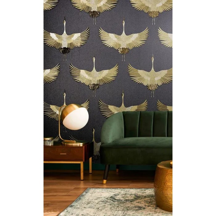 Marburg|Contemporary crane wallpaper in anthracite and gold|Oriental
