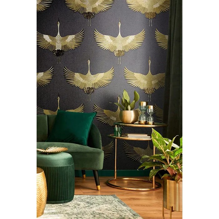 Marburg|Contemporary crane wallpaper in anthracite and gold|Oriental