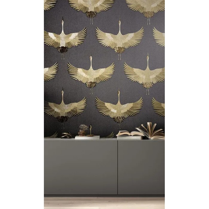 Marburg|Papel pintado grullas contemporáneas antracita dorado|Oriental