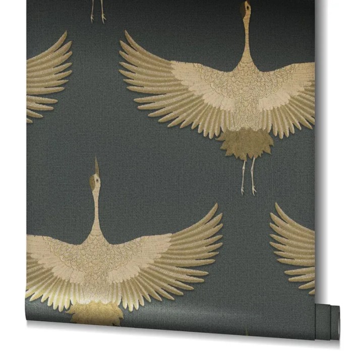 Marburg|Papel pintado grullas contemporáneas antracita dorado|Oriental