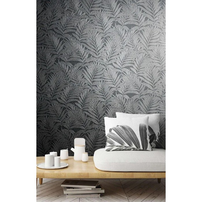 Marburg|Papel pintado hojas bambú negro y plata|Moderno