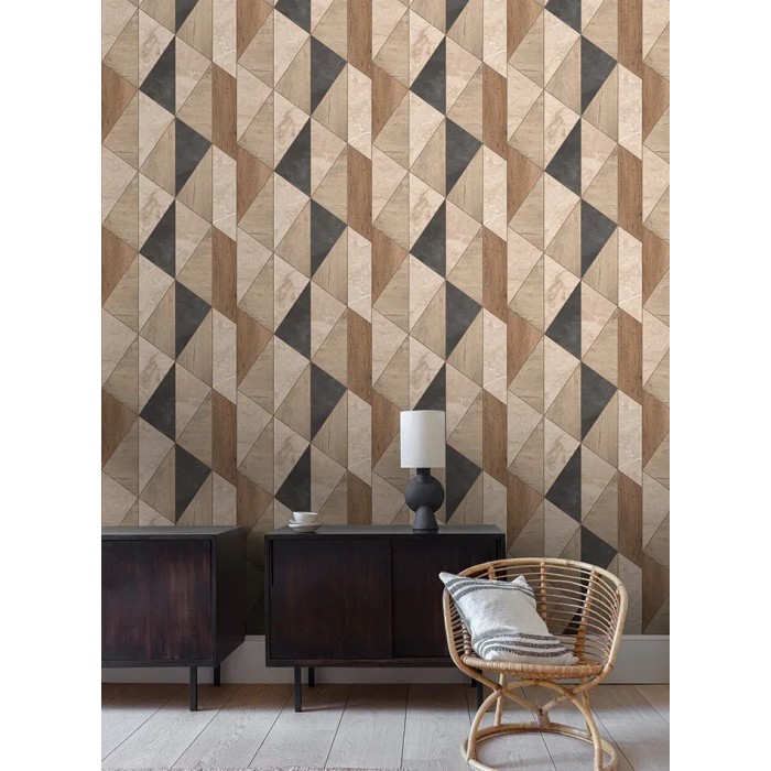 Grandeco|Geometrisches Holzmarmor braun-schwarz Tapete|Holzimitat