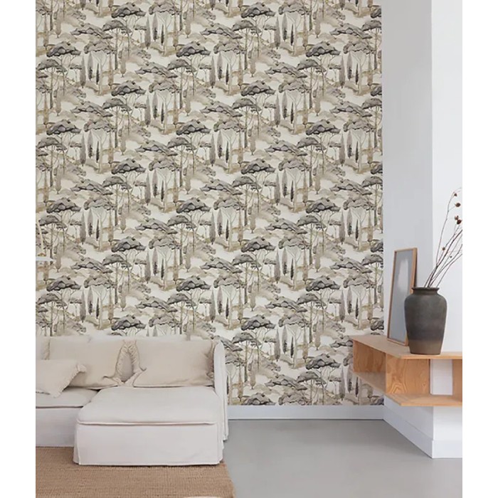 Papel pintado moderno paisaje pinos marrón y gris - Grandeco Arcadia A69201