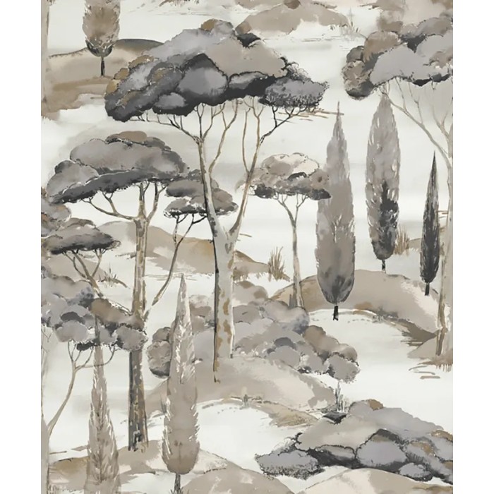 Papel pintado moderno paisaje pinos marrón y gris - Grandeco Arcadia A69201