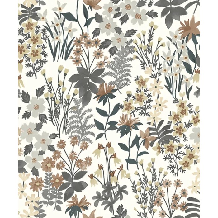 Grandeco|Papel pintado flores del prado gris y marrón|Papel Pintado