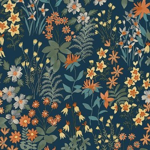 Khroma|Papier peint floral bleu et doré éclat sur fond noir|Papier Peint