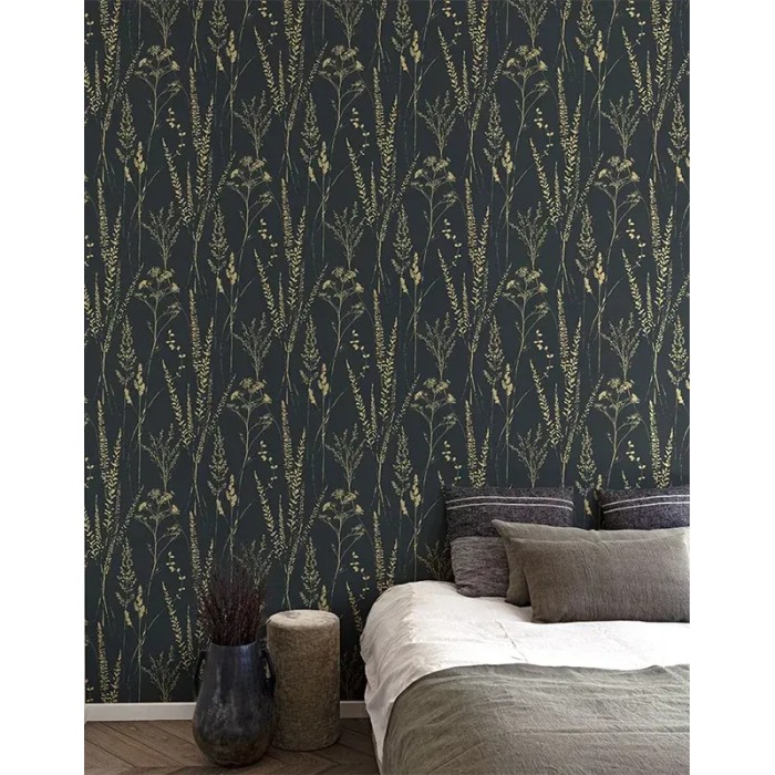 Grandeco|Papier peint style scandinave fleurs sauvages noir|Papier Peint