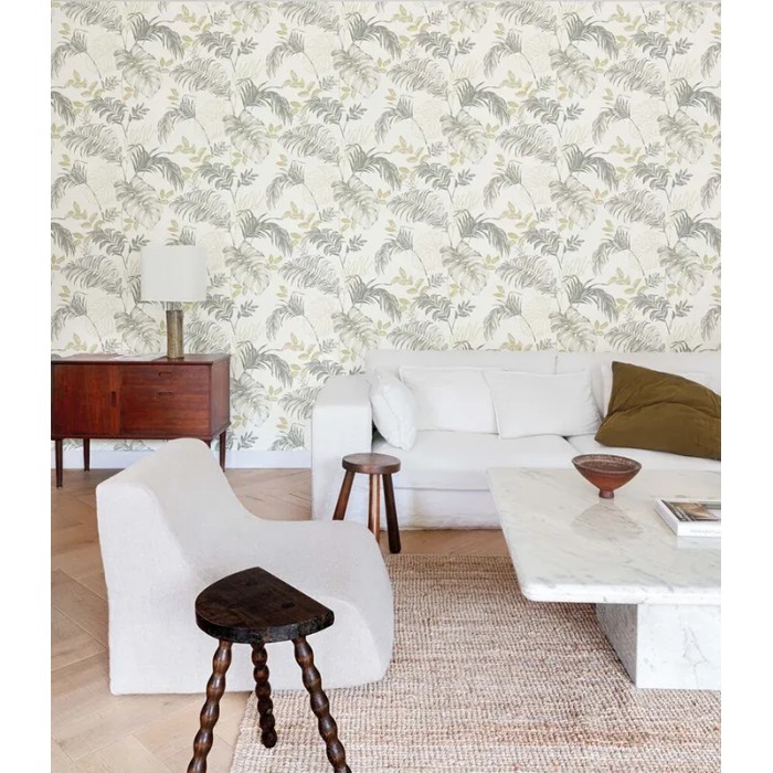 Grandeco|Urban jungle exotic plants white and gray wallpaper|Tropical