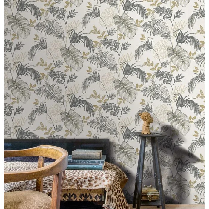 Grandeco|Urban jungle exotic plants white and gray wallpaper|Tropical