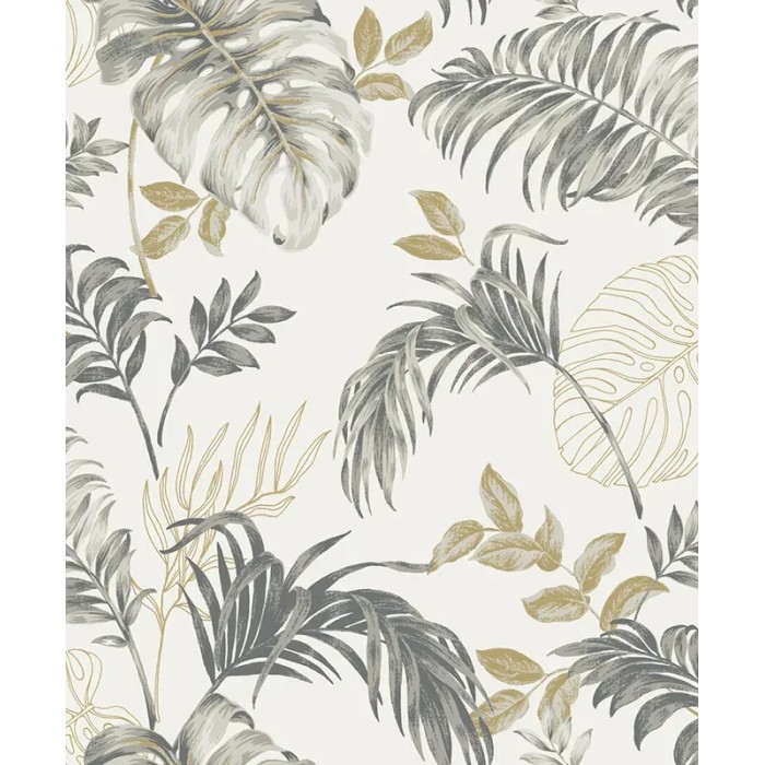 Grandeco|Urban jungle exotic plants white and gray wallpaper|Tropical