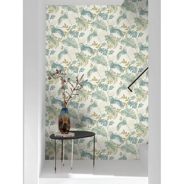 Grandeco|Papel pintado urban jungle plantas exóticas blanco verde|Tropical