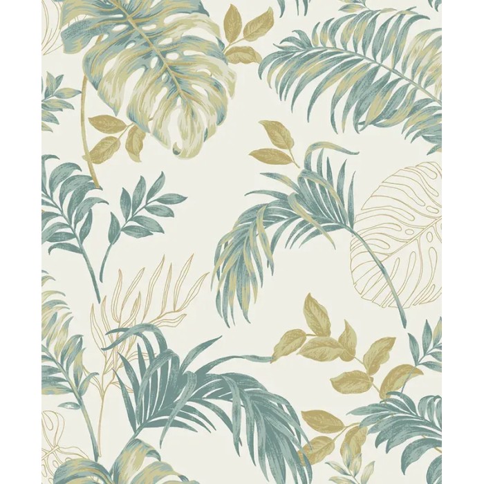 Grandeco|Papier peint urban jungle plantes exotiques blanc et vert|Tropical