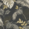 Grandeco|Urban jungle exotic plant leaves black wallpaper|Tropical