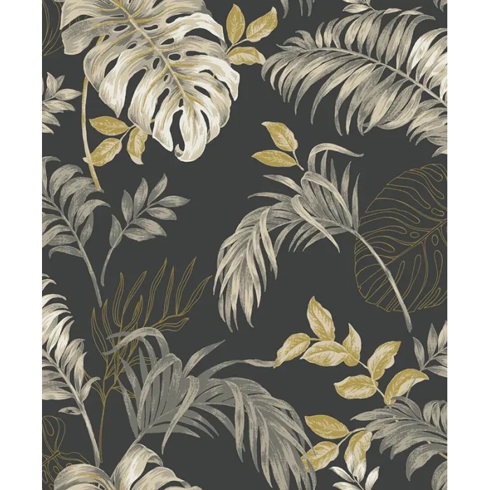 Papel pintado urban jungle hojas plantas exóticas negro - Grandeco Attitude A64303