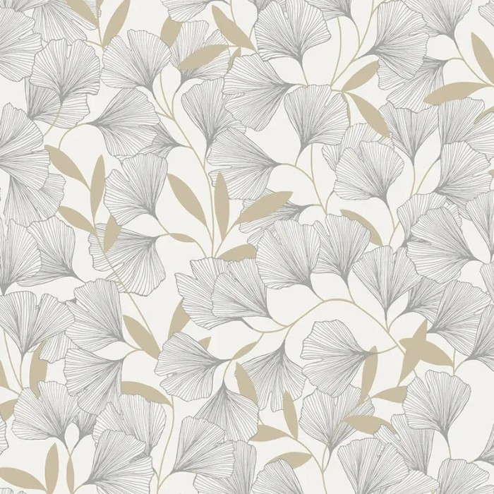 Grandeco|Papel pintado floral japonés hojas ginkgo blanco|Oriental